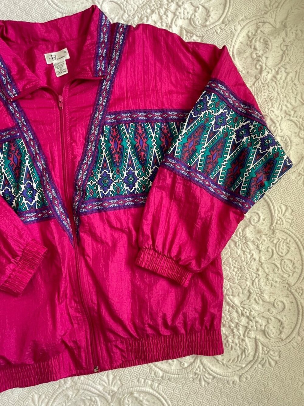 Vintage 1993 Bocco Colorful Aztec Ribbon 100% Nylon Lined Windbreaker Jacket LRG - Picture 3 of 14